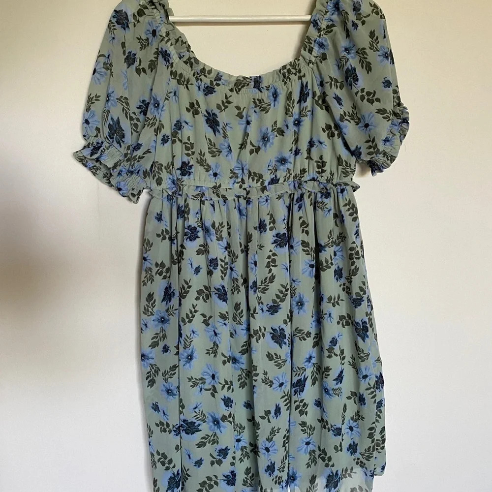 Floral Puff-Sleeve Mini Dress in Sage Green and Blue